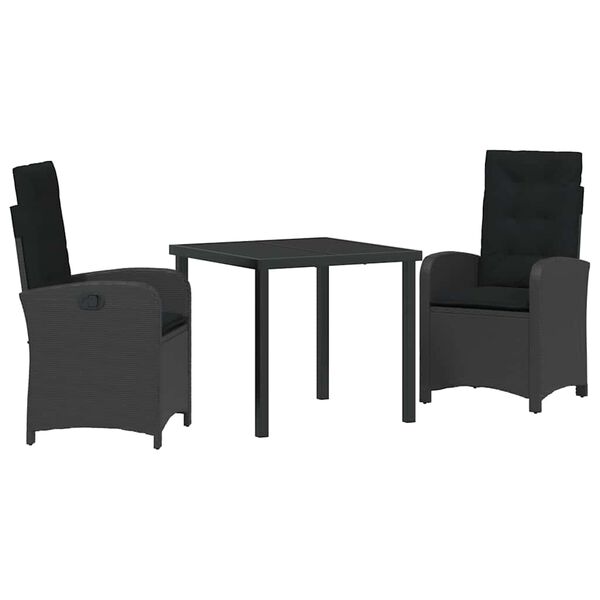 vidaXL Conjunto de Jantar para Jardim com almofada 3 pcs Preto vime PE