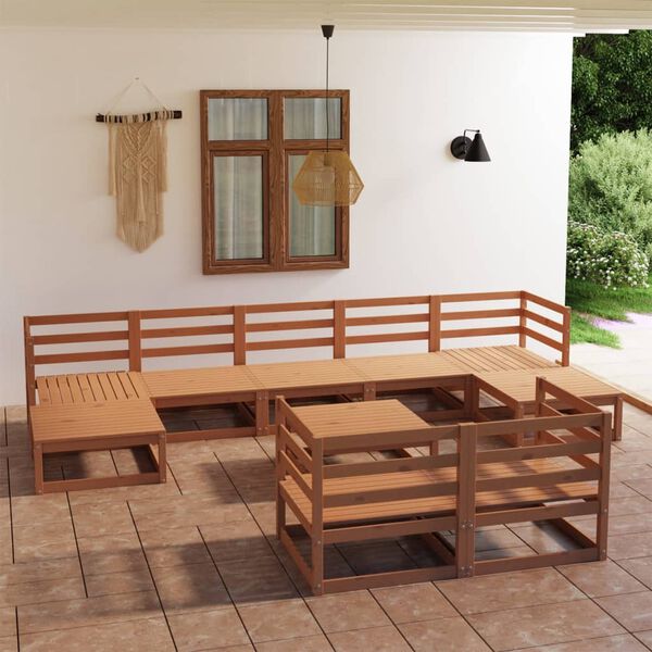 vidaXL 10 pcs conjunto lounge de jardim pinho maci&ccedil;o castanho-mel