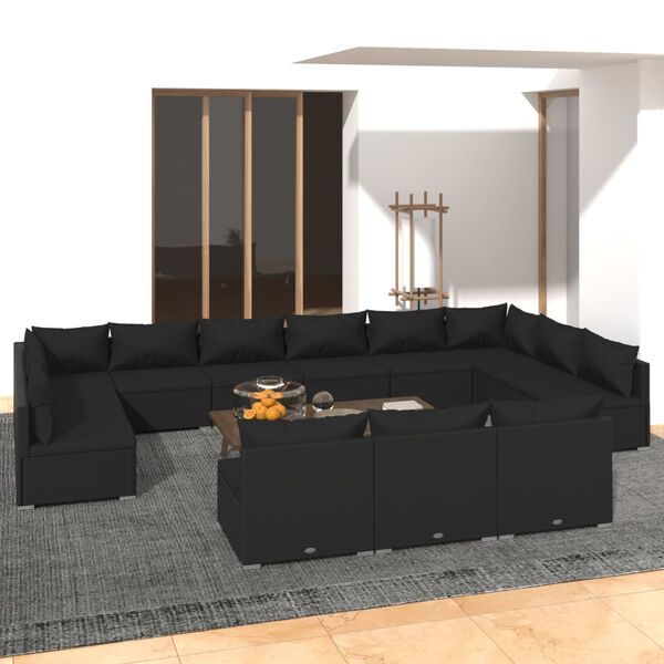 vidaXL 13 pcs conjunto lounge de jardim c/ almofad&otilde;es vime PE preto