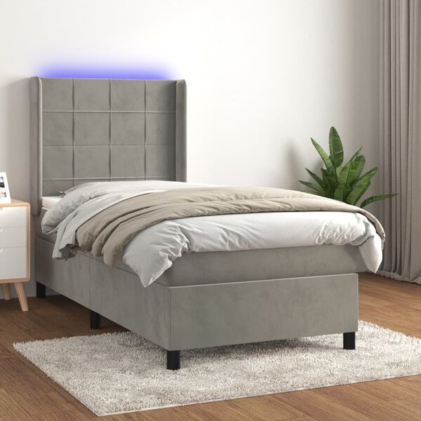 vidaXL Cama box spring c/ colch&atilde;o/LED 90x200 cm veludo cinzento-claro
