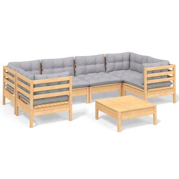 vidaXL 7 pcs conjunto lounge de jardim c/ almofad&otilde;es cinzentos pinho