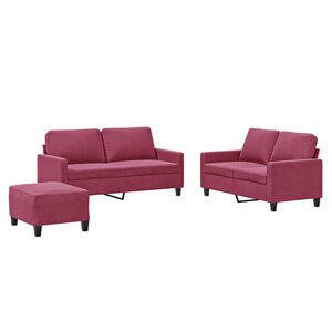 vidaXL 3 pcs conjunto de sof&aacute;s com almofad&otilde;es veludo vermelho tinto