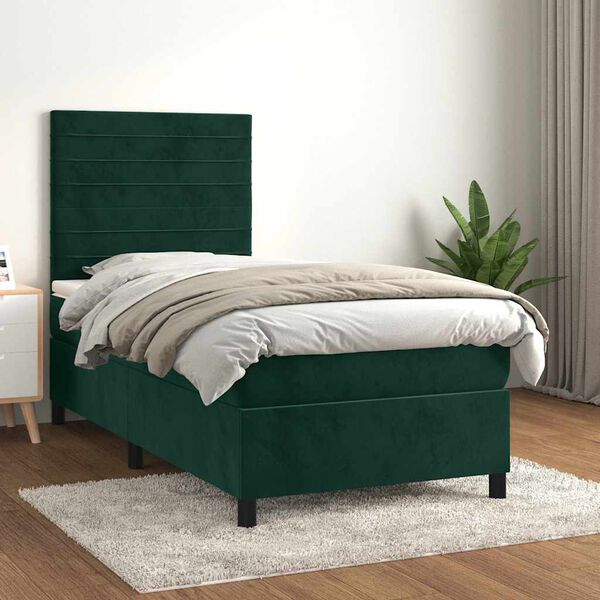 vidaXL Cama com molas/colch&atilde;o 100x200 cm veludo verde-escuro
