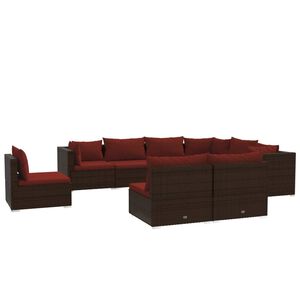 vidaXL 9 pcs conjunto lounge jardim c/ almofad&otilde;es vime PE castanho
