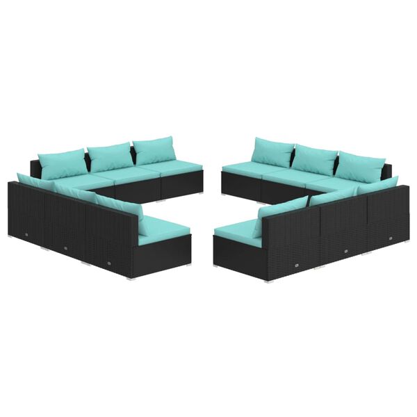 vidaXL 12 pcs conjunto lounge de jardim c/ almofad&otilde;es vime PE preto