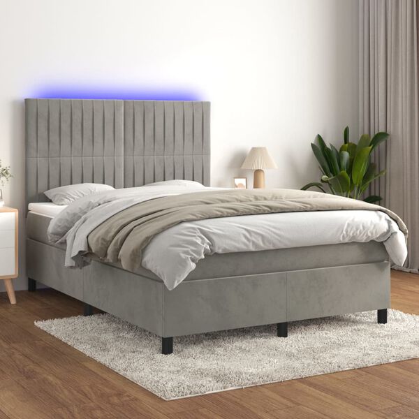 vidaXL Cama box spring c/ colch&atilde;o/LED 140x200 cm veludo cinzento-claro