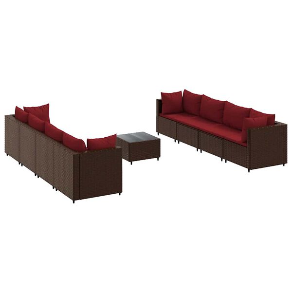 vidaXL 9 pcs conjunto lounge jardim c/ almofad&otilde;es vime PE castanho