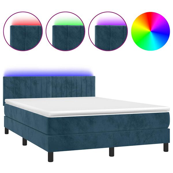 vidaXL Cama box spring c/ colch&atilde;o/LED 140x190 cm veludo azul-escuro