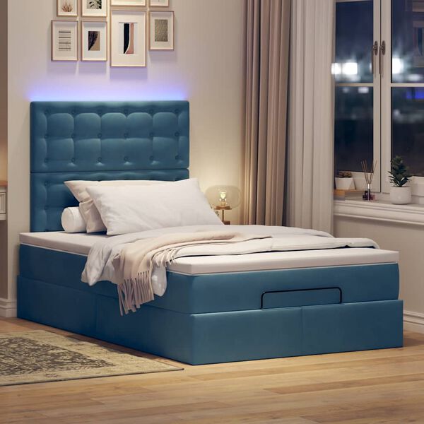 vidaXL Estrutura de cama otomana com colch&otilde;es azul escuro Veludo