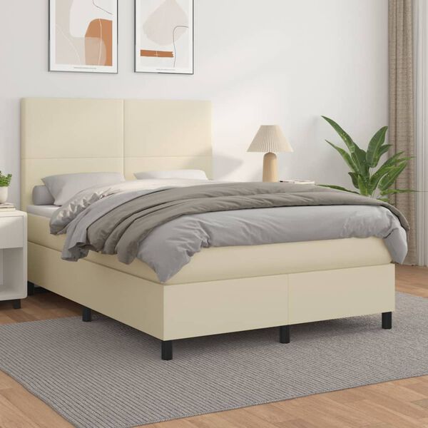 vidaXL Cama com molas/colch&atilde;o 140x200 cm couro artificial cor creme