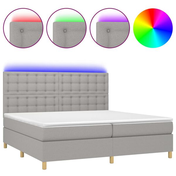 vidaXL Cama box spring c/ colch&atilde;o e LED 200x200 cm tecido cinza-claro