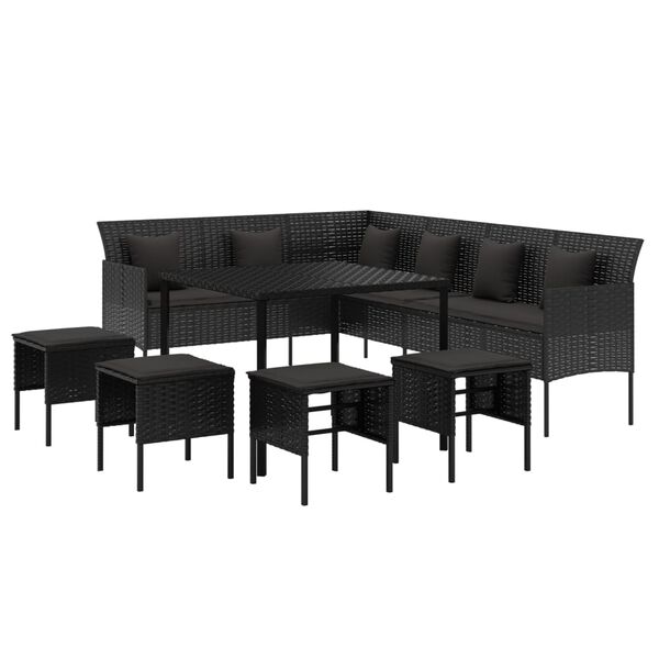 vidaXL 6 pcs conjunto de jantar p/ jardim c/ almofad&otilde;es vime PE preto