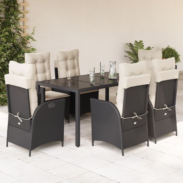 vidaXL 7 pcs conjunto de jantar p/ jardim c/ almofad&otilde;es vime PE preto