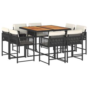 vidaXL 9 pcs conjunto de jantar p/ jardim c/ almofad&otilde;es vime PE preto