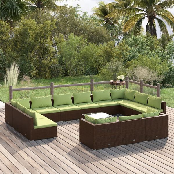 vidaXL 14 pcs conjunto lounge de jardim c/ almofad&otilde;es vime PE castanho