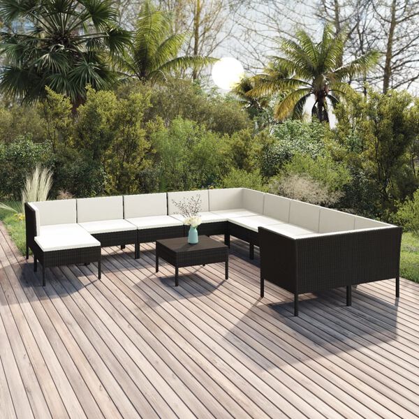 vidaXL 12 pcs conjunto lounge de jardim c/ almofad&otilde;es vime PE preto
