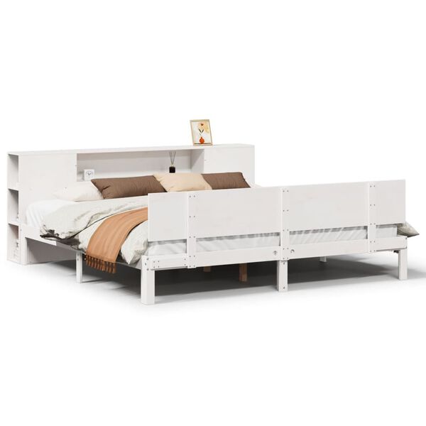 vidaXL Cama com estante sem colch&atilde;o 200x200 cm pinho maci&ccedil;o branco