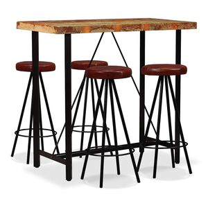 vidaXL Conjunto de bar 5 pcs madeira recuperada maci&ccedil;a e couro genu&iacute;no