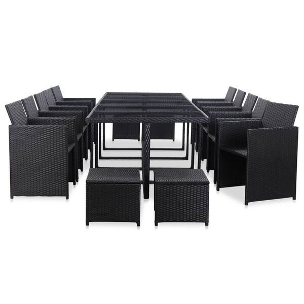 vidaXL 15 pcs conjunto jantar exterior com almofad&otilde;es vime PE preto