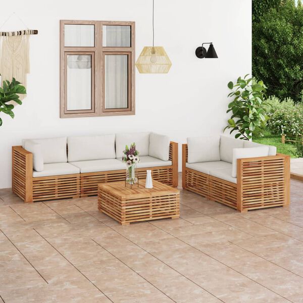 vidaXL 6 pcs conjunto lounge jardim + almofad&otilde;es cor creme teca maci&ccedil;a