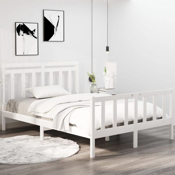 vidaXL Estrutura de cama casal 135x190 cm madeira maciça branco