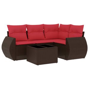 vidaXL Conjunto de sof&aacute; de jardim de 5 pe&ccedil;as com almofadas em rattan sint&eacute;tico marrom