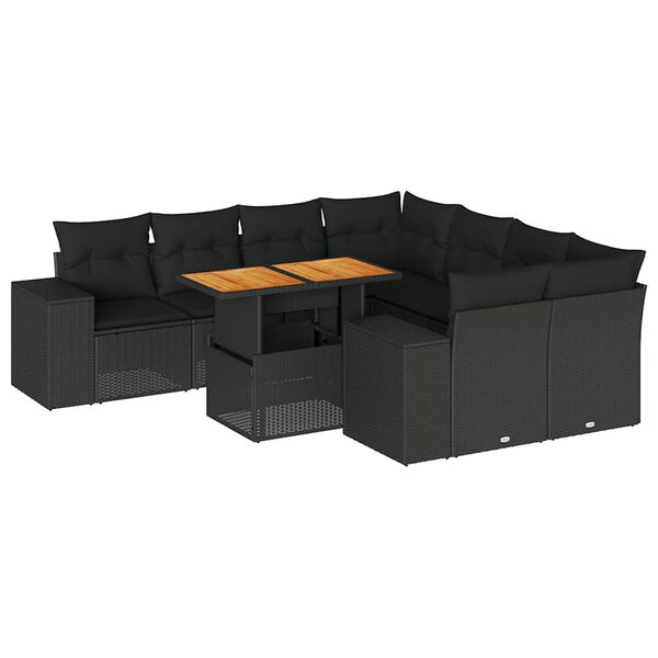 vidaXL 9 pcs conjunto de sof&aacute;s p/ jardim c/ almofad&otilde;es vime PE preto