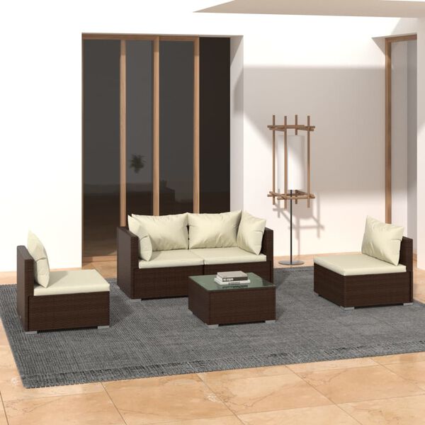 vidaXL 5 pcs conjunto lounge jardim c/ almofad&otilde;es vime PE castanho