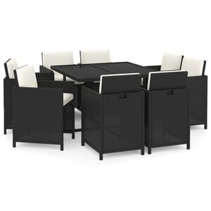vidaXL 9 pcs conjunto de jantar p/ jardim c/ almofad&otilde;es vime PE preto