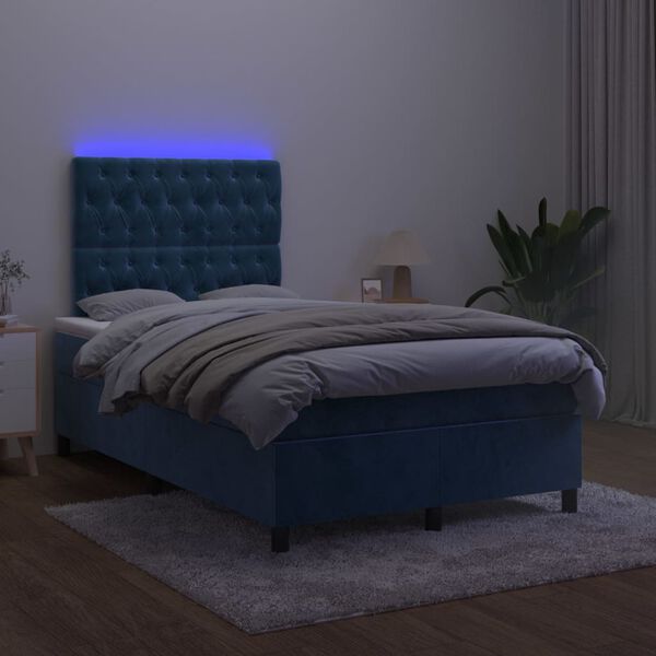 vidaXL Cama box spring c/ colch&atilde;o/LED 120x200 cm veludo azul-escuro