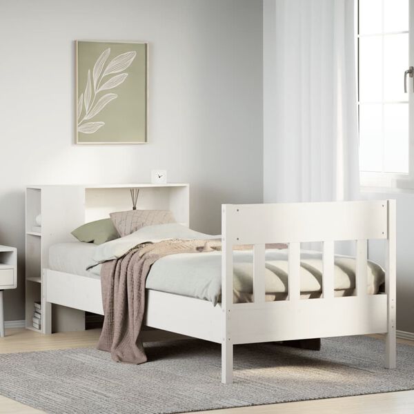 vidaXL Cama com estante sem colch&atilde;o 90x200 cm pinho maci&ccedil;o branco