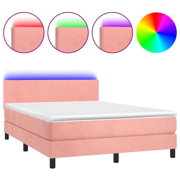 vidaXL Cama box spring c/ colch&atilde;o/LED 140x190 cm veludo rosa