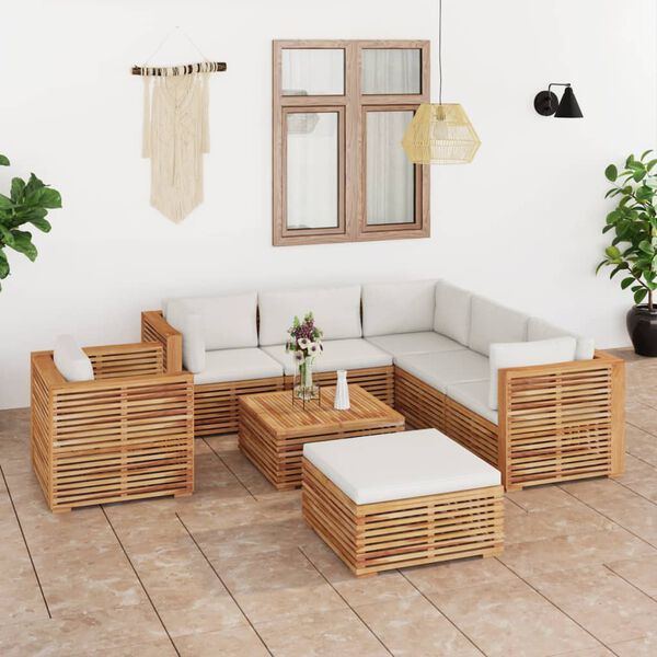 vidaXL 8 pcs conjunto lounge jardim + almofad&otilde;es cor creme teca maci&ccedil;a
