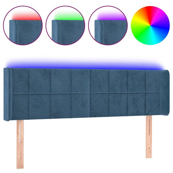 vidaXL Cabeceira cama c/ luzes LED veludo 147x16x78/88 cm azul-escuro