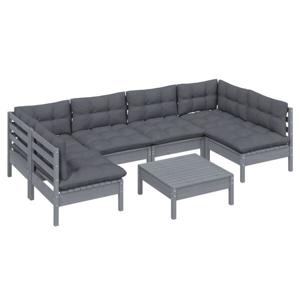 vidaXL 7 pcs conjunto lounge de jardim + almofad&otilde;es pinho maci&ccedil;o cinza