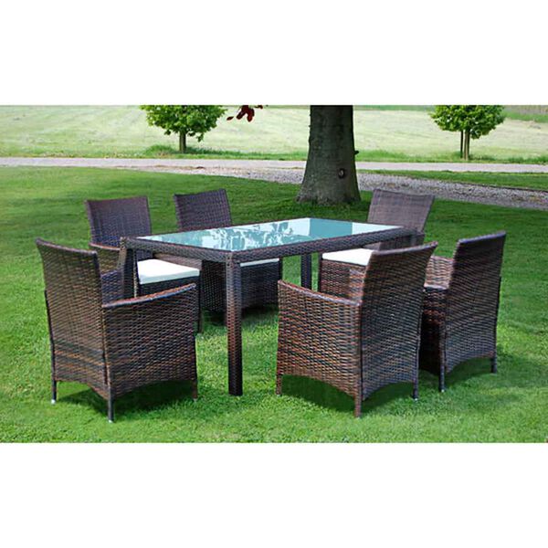 vidaXL 7 pcs conjunto jantar exterior com almofad&otilde;es vime PE castanho