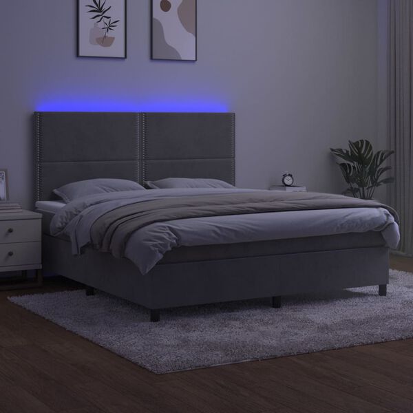 vidaXL Cama box spring c/ colch&atilde;o/LED 160x200 cm veludo cinzento-claro