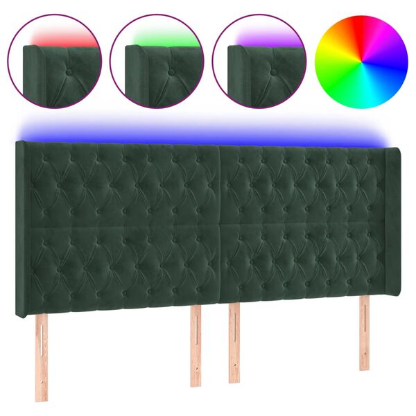 vidaXL Cabeceira de cama c/ LED veludo 183x16x118/128 cm verde-escuro