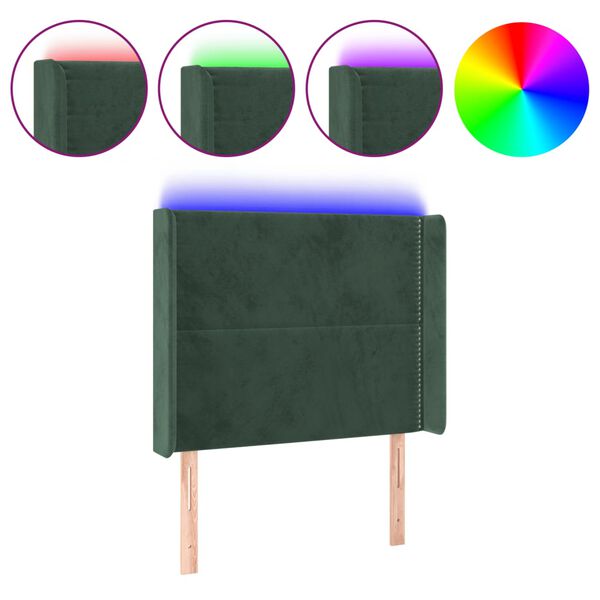 vidaXL Cabeceira cama c/ luzes LED veludo 93x16x118/128cm verde-escuro