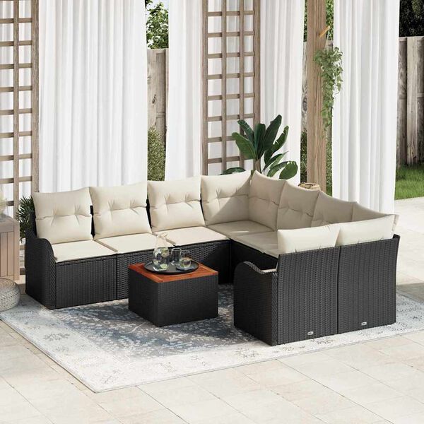 vidaXL Conjunto de Sof&aacute; de Jardim 9 pcs Preto e Creme vime PE