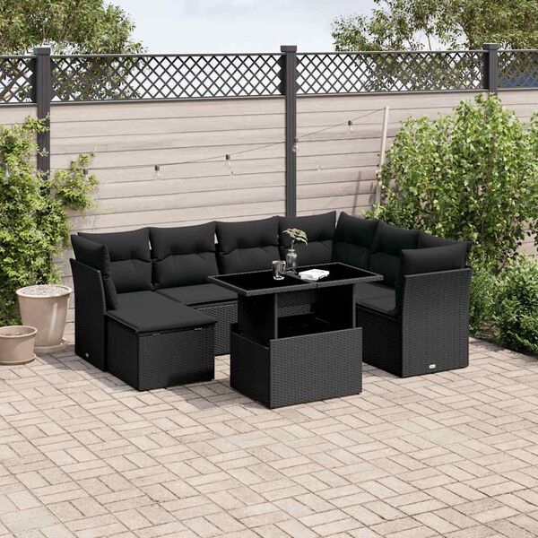 vidaXL 8 pcs conjunto sof&aacute;s de jardim com almofad&otilde;es vime PE preto