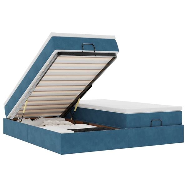 vidaXL Estrutura de cama otomana com colch&atilde;o azul escuro veludo