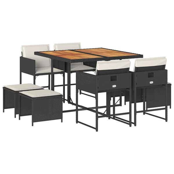 vidaXL 9 pcs conjunto de jantar p/ jardim c/ almofad&otilde;es vime PE preto