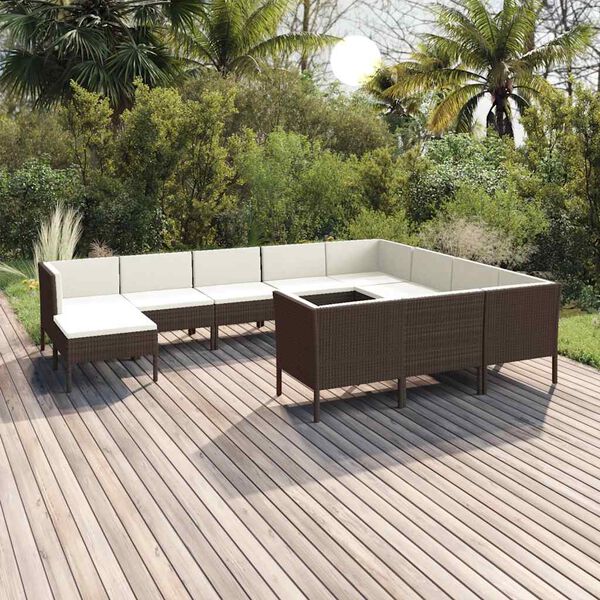 vidaXL 11 pcs conjunto lounge jardim c/ almofad&otilde;es vime PE castanho