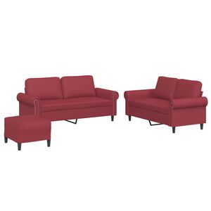 vidaXL 3 pcs conjunto sof&aacute;s c/ almofad&otilde;es couro artif. vermelho tinto