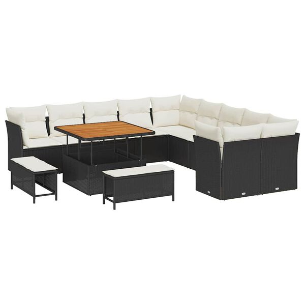 vidaXL Conjunto de Sof&aacute; de Jardim 13 pcs Preto e Creme vime PE