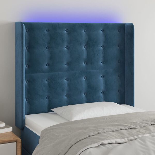 vidaXL Cabeceira cama c/ luzes LED veludo 103x16x118/128cm azul-escuro