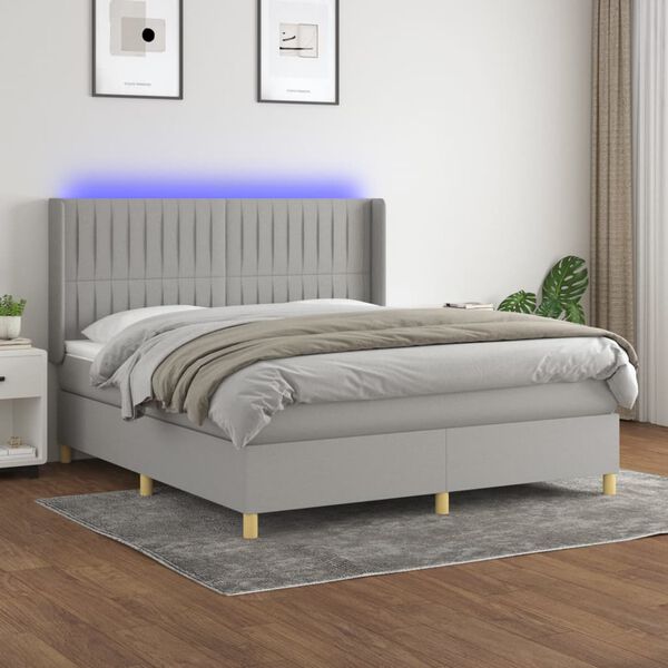 vidaXL Cama box spring c/ colch&atilde;o e LED 160x200 cm tecido cinza-claro