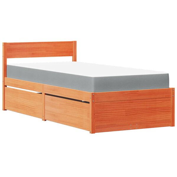 vidaXL Cama com gavetas e colch&atilde;o 90x200 cm pinho maci&ccedil;o castanho-mel