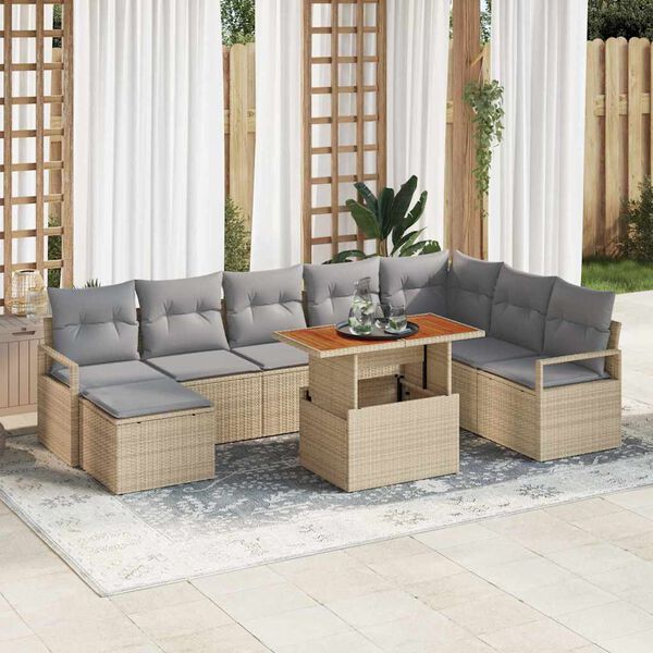 vidaXL Conjunto de Sof&aacute; de Jardim 9 pcs Bege Rattan Sint&eacute;tico